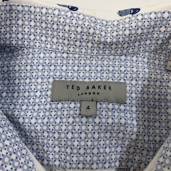 Ted Baker Shirt Mens 4 White Blue Allover Elephant Printed Cotton Short Sleeve - Picture 4 of 10